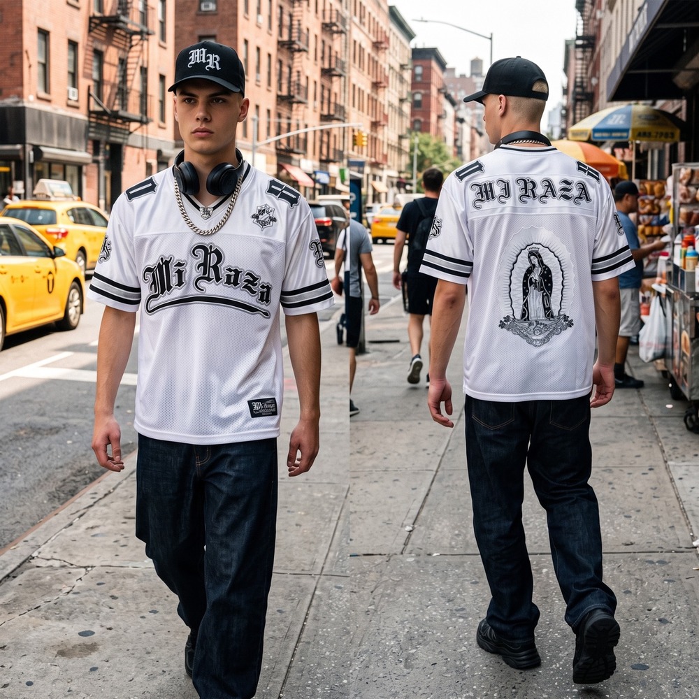 Victorious Mi Raza Mens White Mesh Football Jersey Virgin Mary Graphic Large
